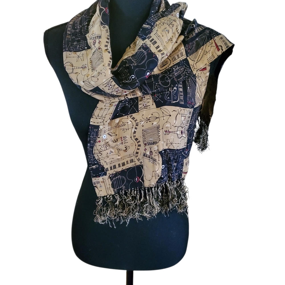 Zazou Luxe Gentleman's Vintage Silk Fringed Jazz Opera Scarf Musical Instruments